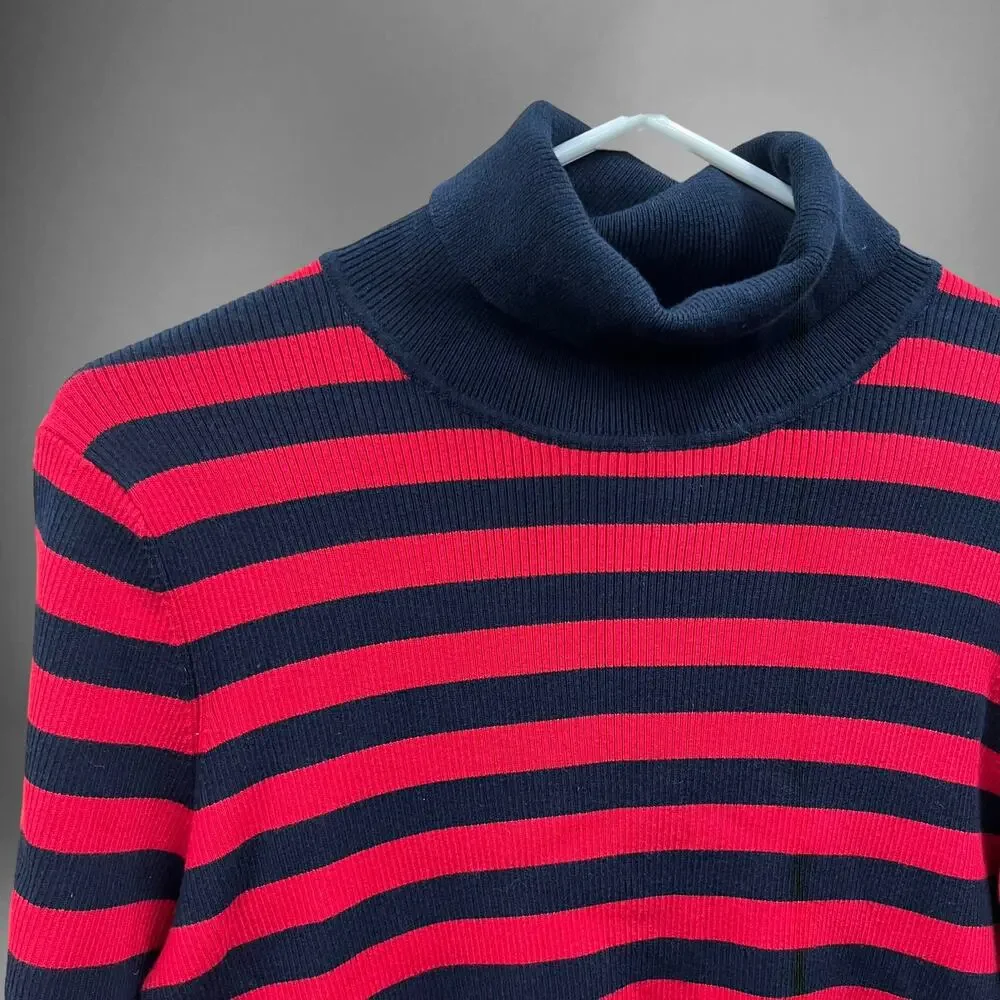 Tommy Hilfiger Striped Fitted Turtleneck Ribbed Sweater Shirt Women's Large F-18